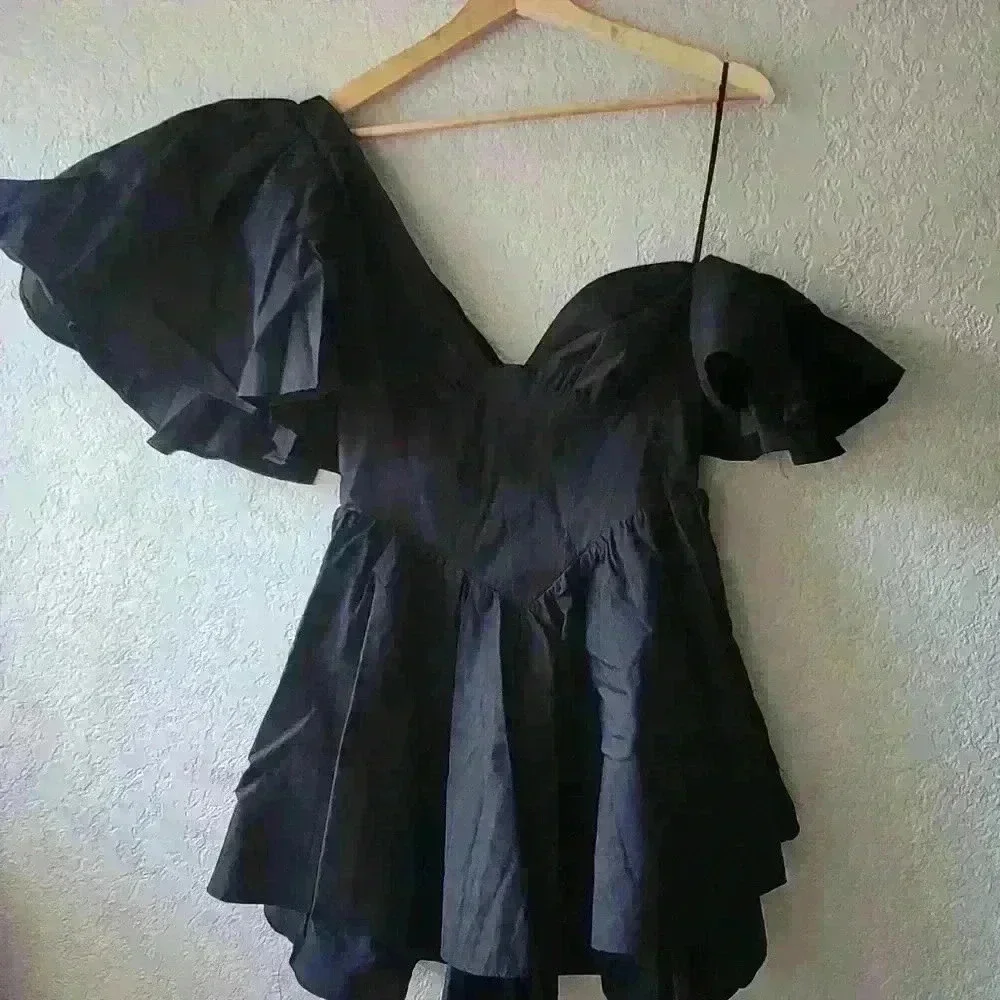 ASOS LUXE one shoulder cotton dress/corset detail & ruffles in black Size 6 - Picture 5 of 5